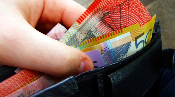 "Australian banknotes in wallet" by Martin Kingsley from Melbourne, Australia - Cashmoney. Licensed under Creative Commons Attribution 2.0 via Wikimedia Commons - http://commons.wikimedia.org/wiki/File:Australian_banknotes_in_wallet.jpg#mediaviewer/File:Australian_banknotes_in_wallet.jpg